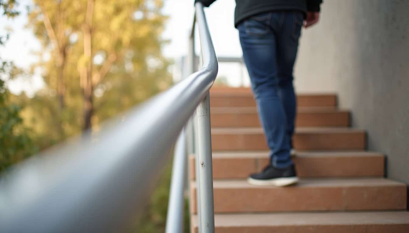 Installation d’un monte-escalier tournant dans une maison à Saint-Cergues, montrant le rail en cours de pose sur un escalier avec virage