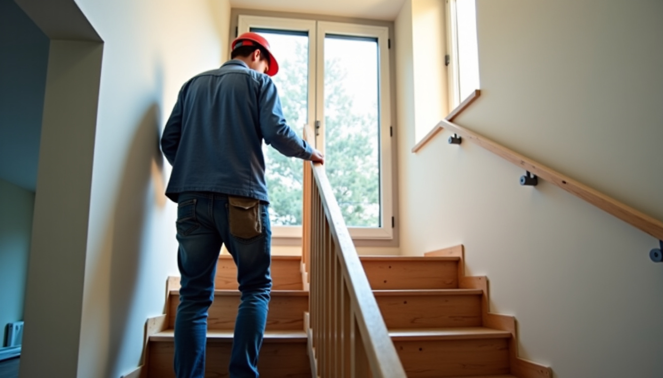 Installation d’un monte-escalier tournant dans une maison à Sartilly-Baie-Bocage, montrant un technicien en train de poser le rail sur les marches