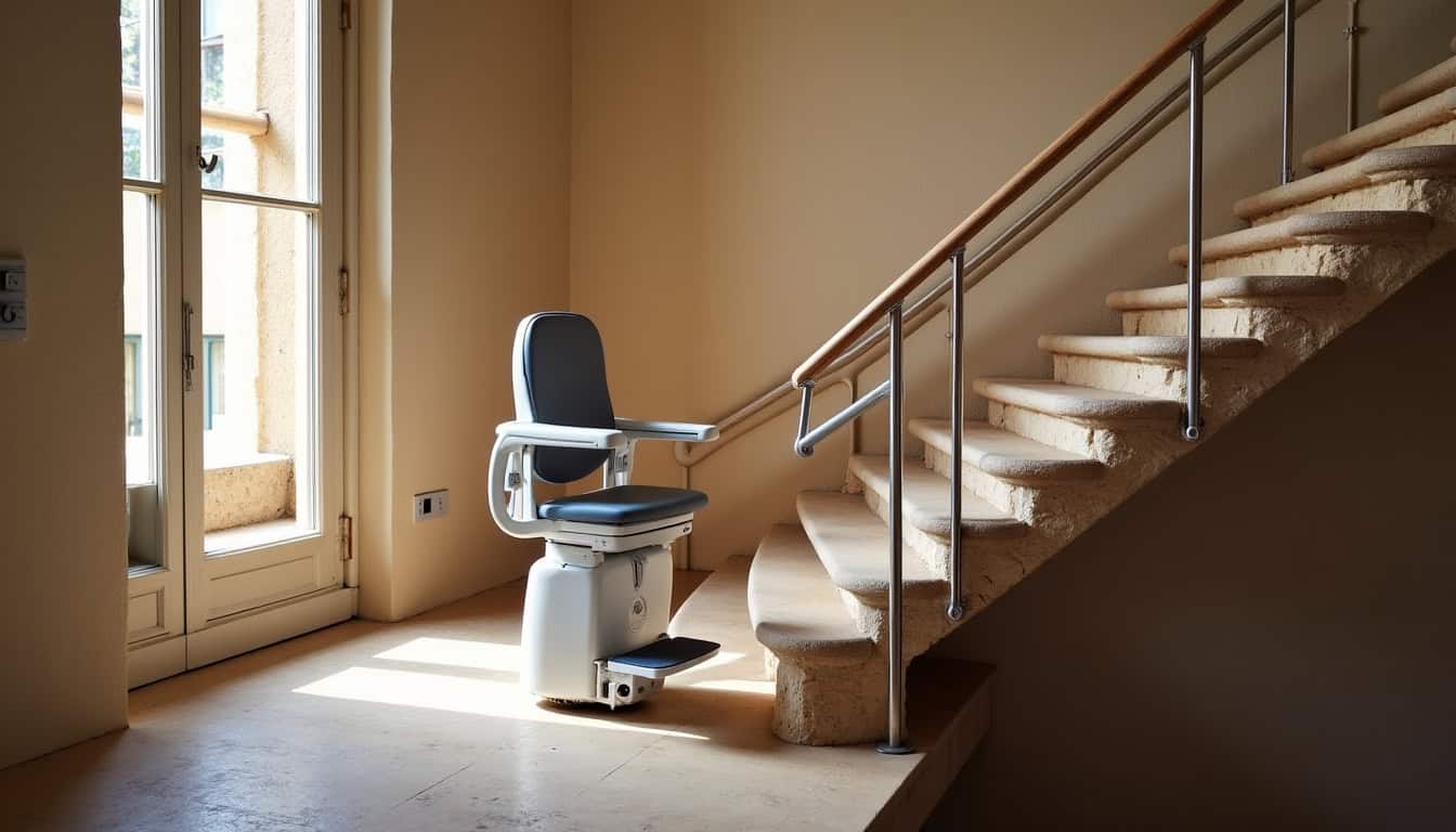 Installation d’un monte-escalier tournant sur un escalier en colimaçon à Rozier-en-Donzy