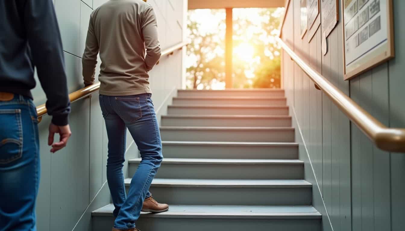 Intérieur d’un escalier à Saint-Héand équipé d’un monte-escalier avec siège pivotant et accoudoirs