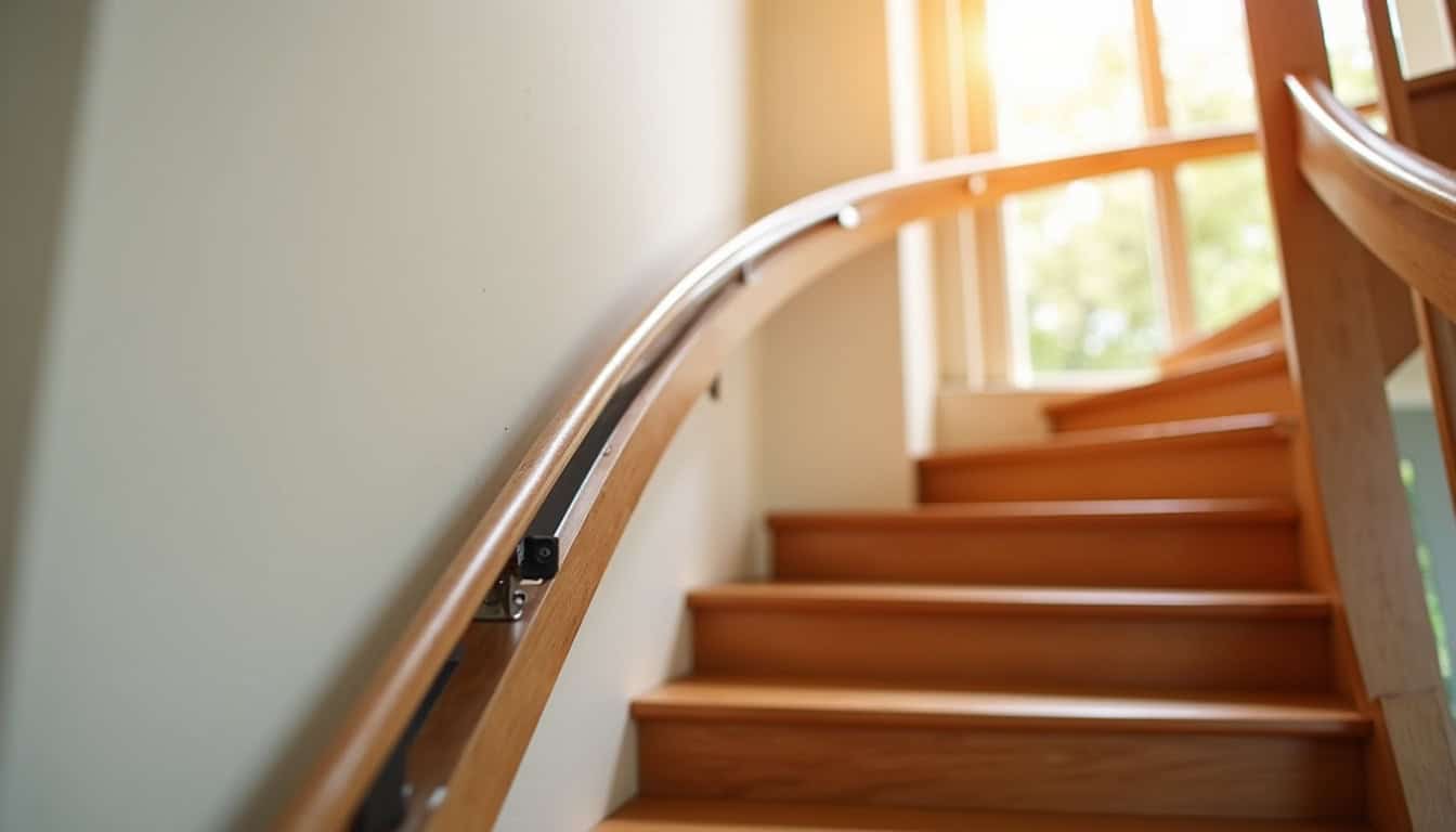Montage d’un monte-escalier sur un escalier tournant dans une maison à Meyenheim, montrant l’adaptation précise du rail aux courbes