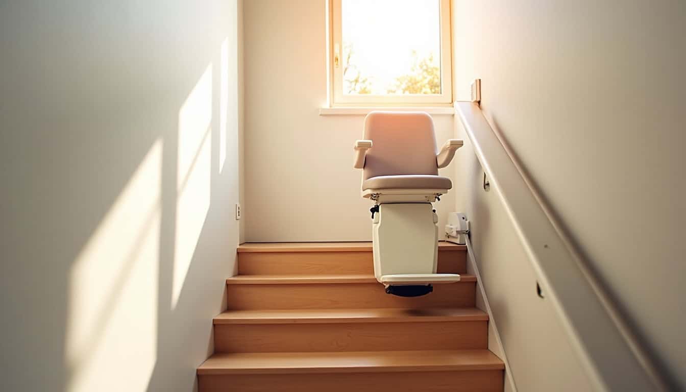 Monte-escalier droit installé dans une maison à Blaesheim, sur un escalier droit sans virage