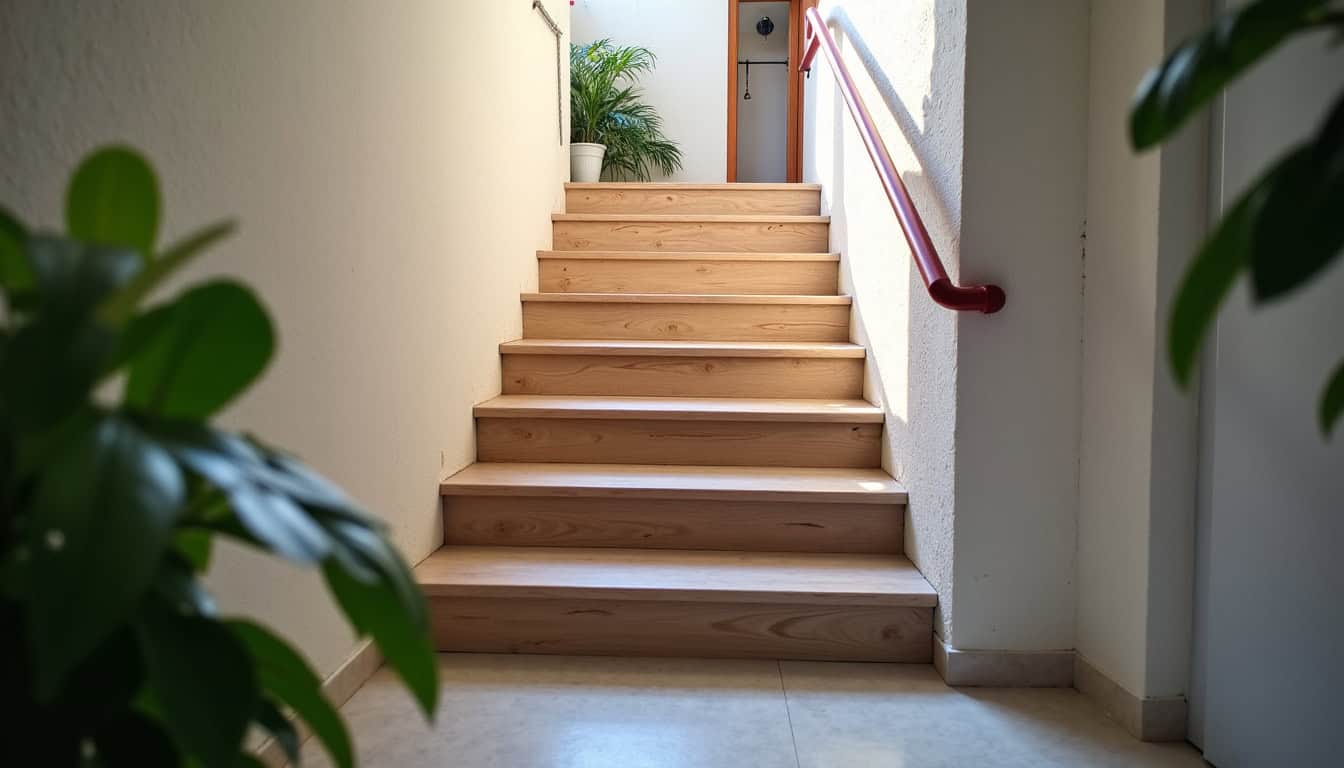 Monte-escalier droit installé dans une maison à Capvern, vu de profil sur un escalier simple