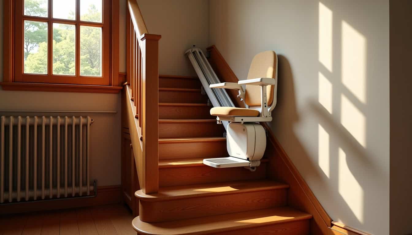 Monte-escalier droit installé dans une maison traditionnelle de Mauron, montrant un rail linéaire le long d’un escalier en bois