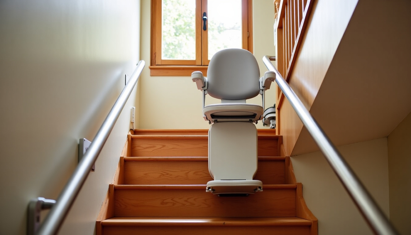 Monte-escalier droit installé sur un escalier en bois avec rampe en aluminium, typique des maisons de Égly