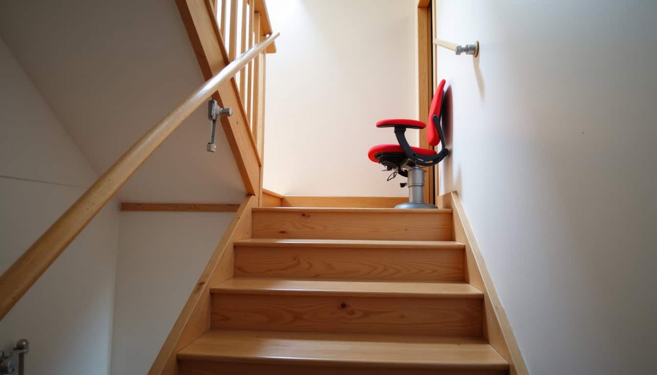 Monte-escalier droit installé sur un escalier en bois dans une maison à Givet, avec siège pivotant et commandes ergonomiques