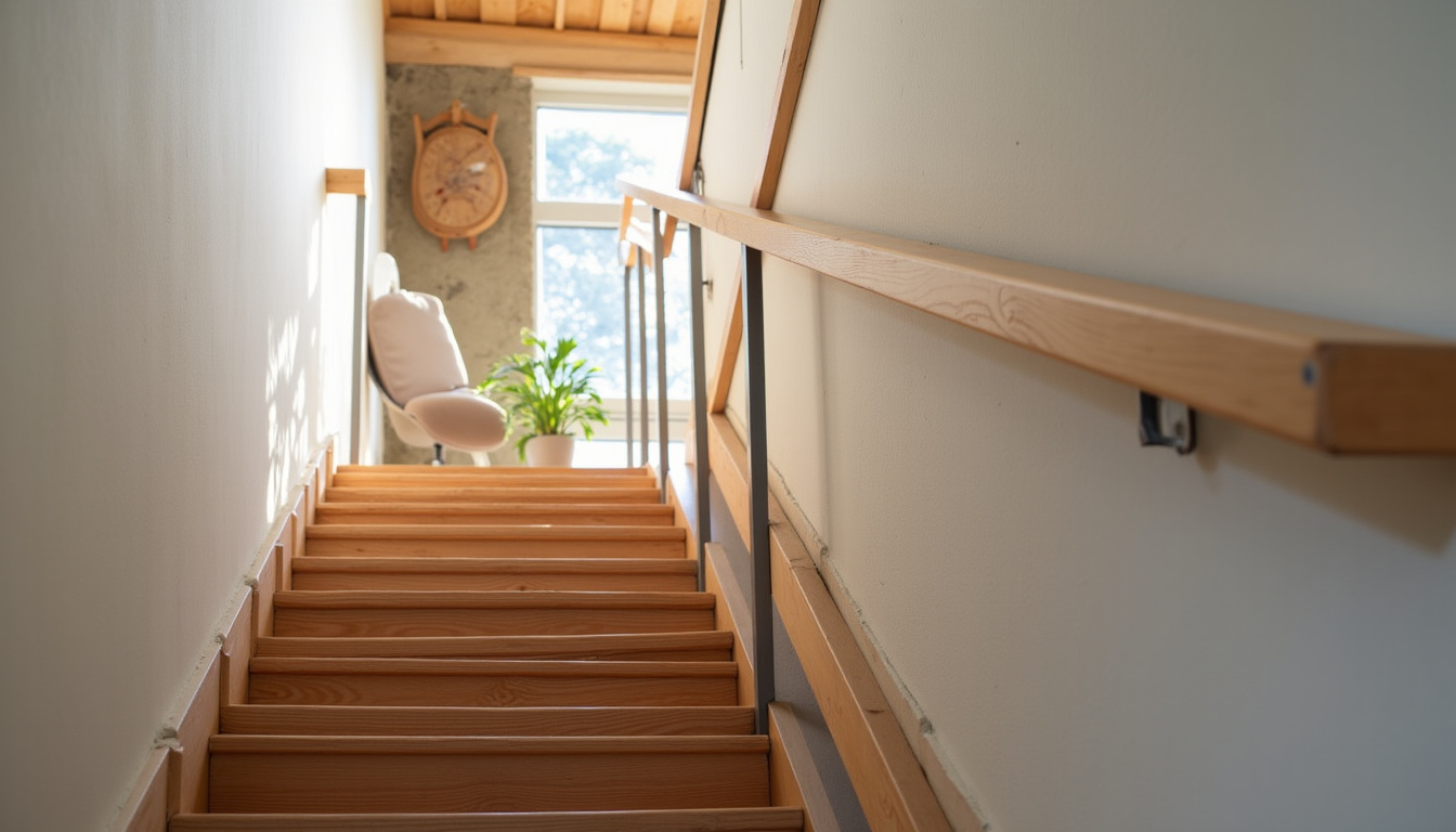 Monte-escalier droit installé sur un escalier en bois dans une maison typique de Cappelle-la-Grande, avec rail en aluminium et siège en tissu beige