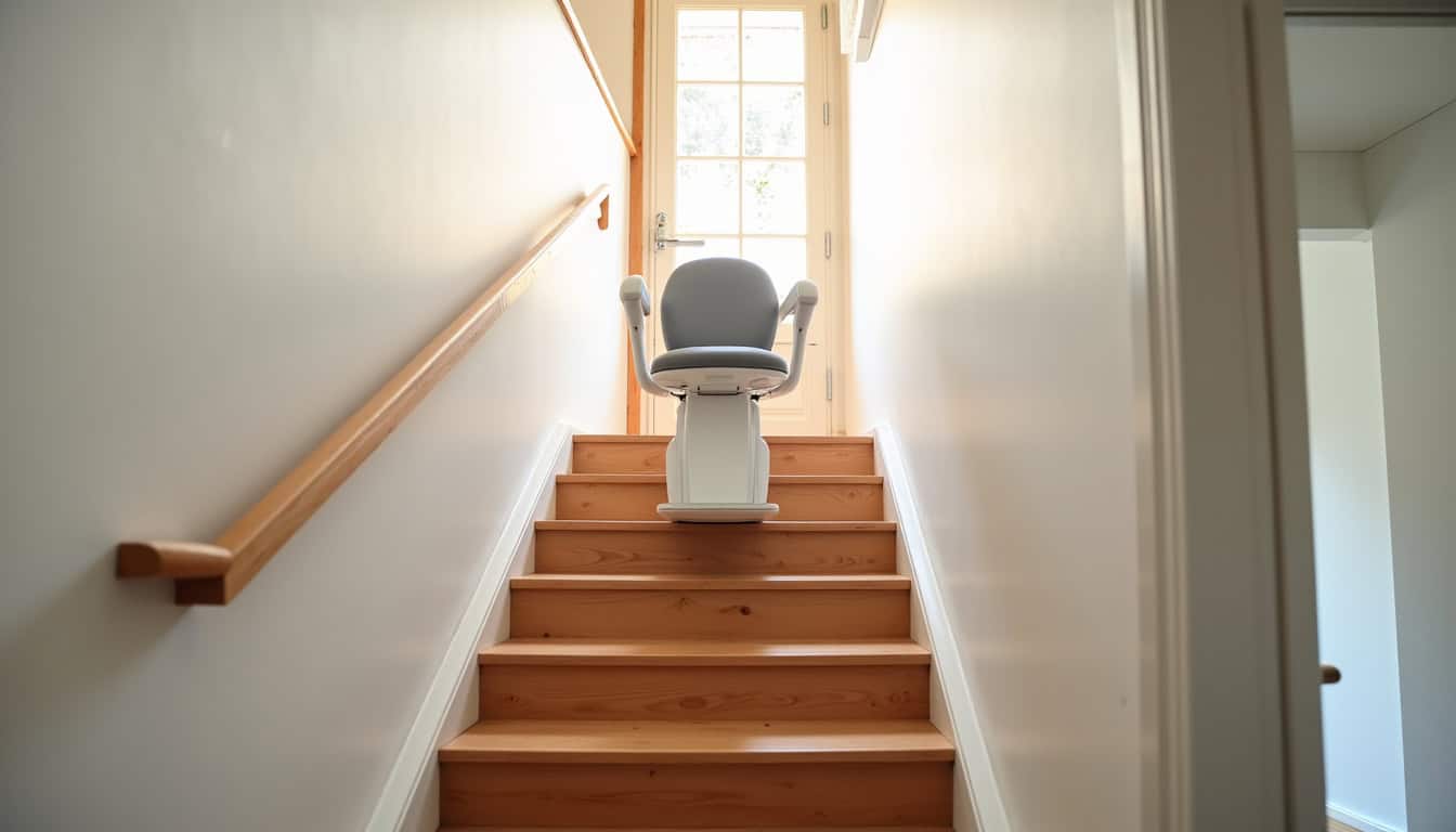 Monte-escalier droit installé sur un escalier rectiligne dans une maison à Gensac-la-Pallue