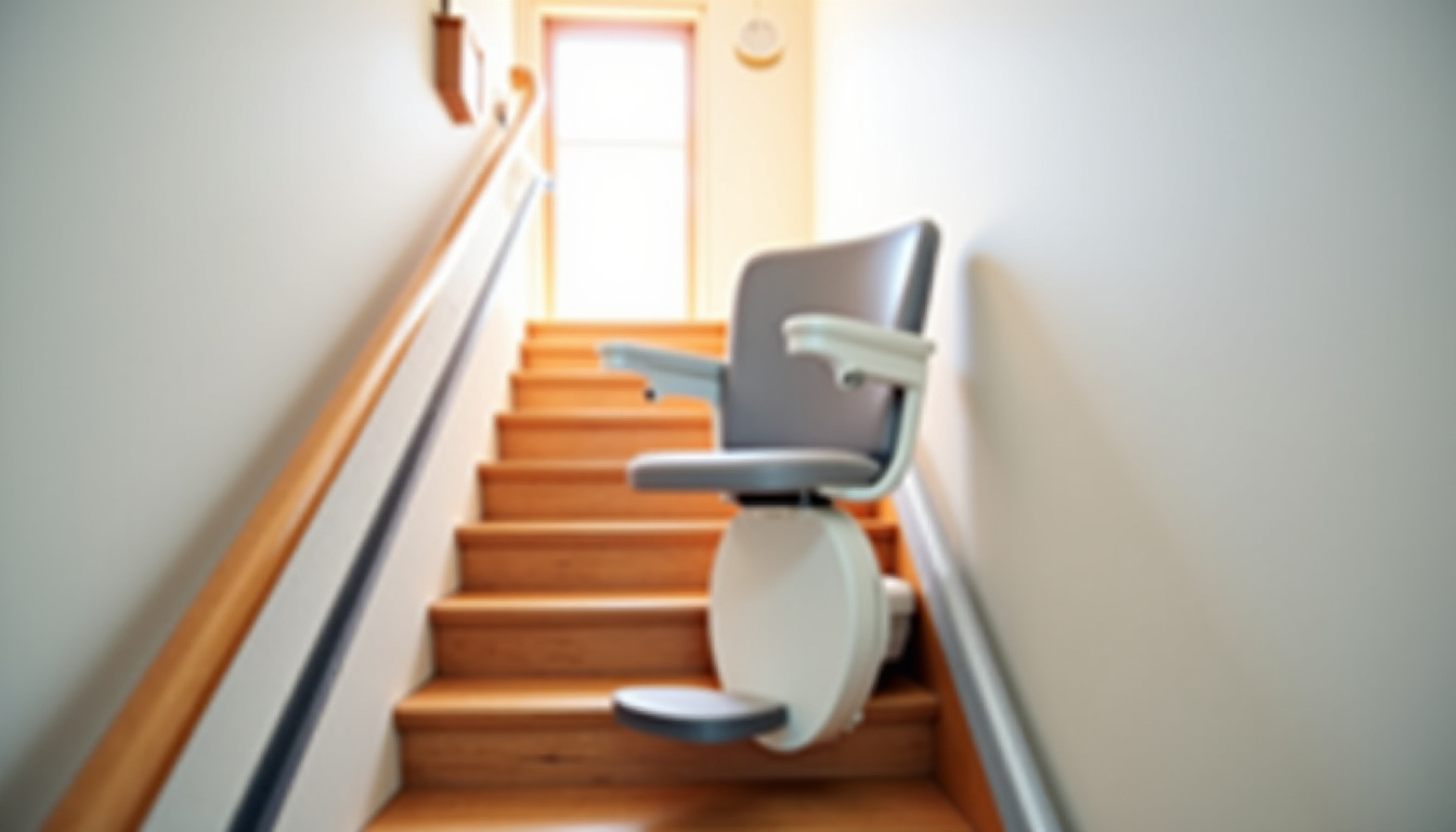 Monte-escalier droit installé sur un escalier rectiligne dans une maison à Saint-Martin-Osmonville