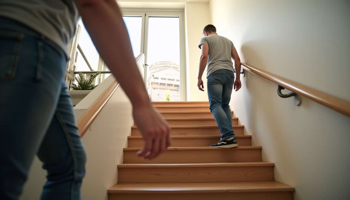 Monte-escalier en fonctionnement dans une maison de Mazières-en-Mauges, montrant un utilisateur en train de monter en toute sécurité
