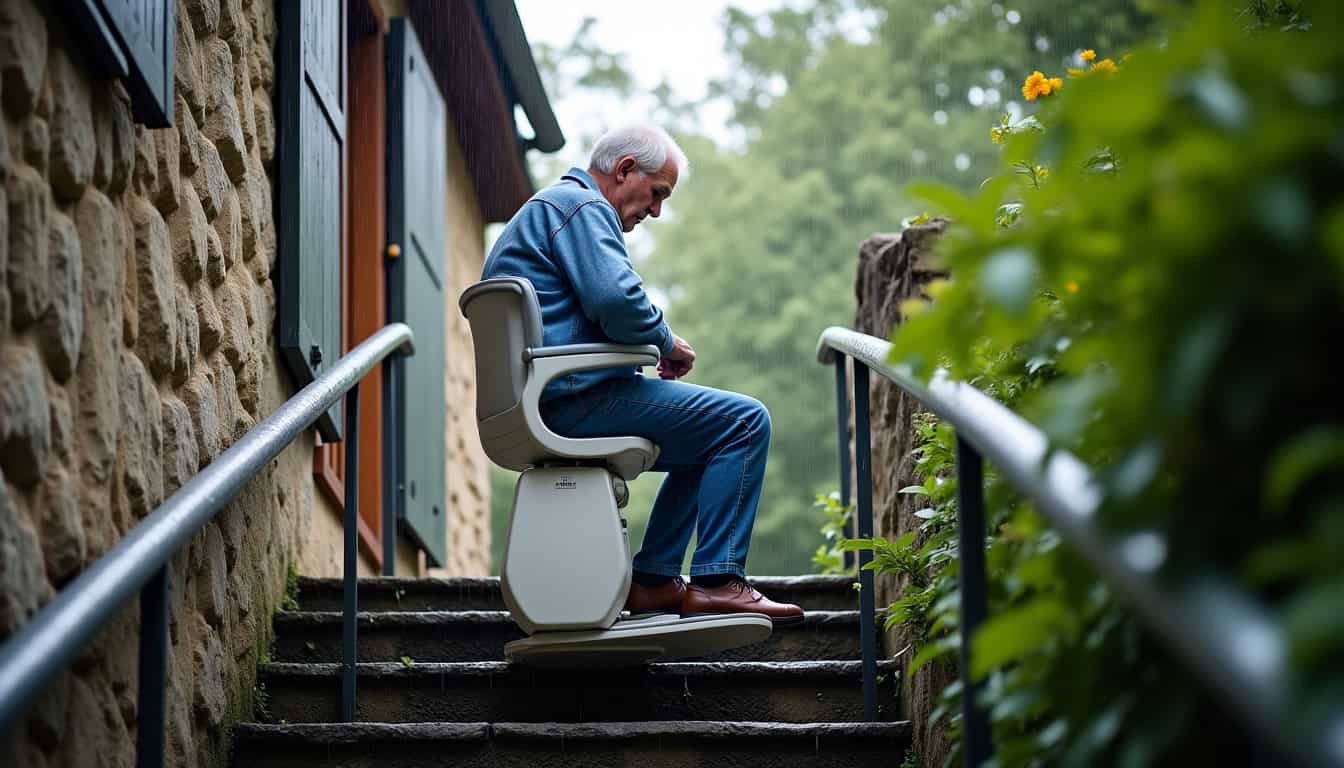 Monte-escalier extérieur installé à l’arrière d’une maison de Mauron, en cours d’utilisation par un habitant par temps pluvieux