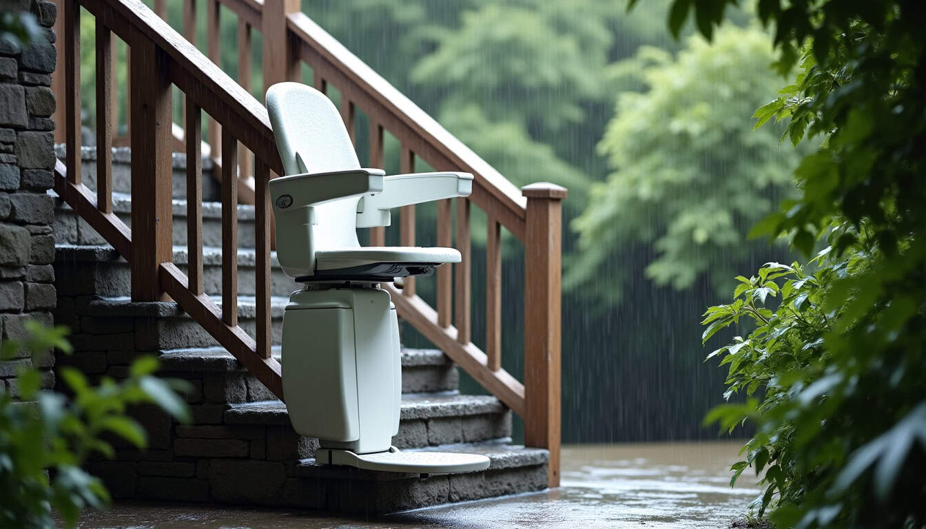 Monte-escalier extérieur installé à Malville, en train de fonctionner sous la pluie, montrant sa résistance aux intempéries
