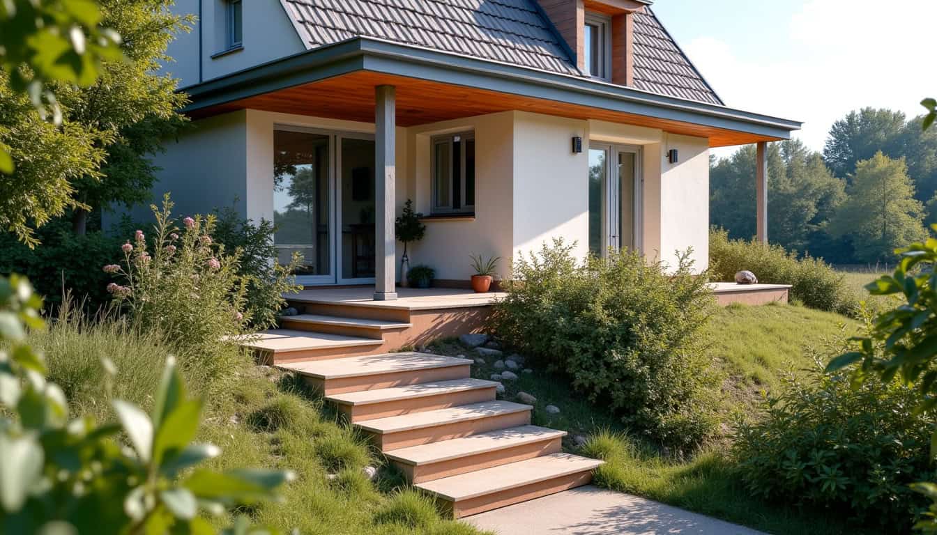 Monte-escalier extérieur installé devant une maison à Corps-Nuds, en milieu rural, avec un rail courbe sur les marches extérieures