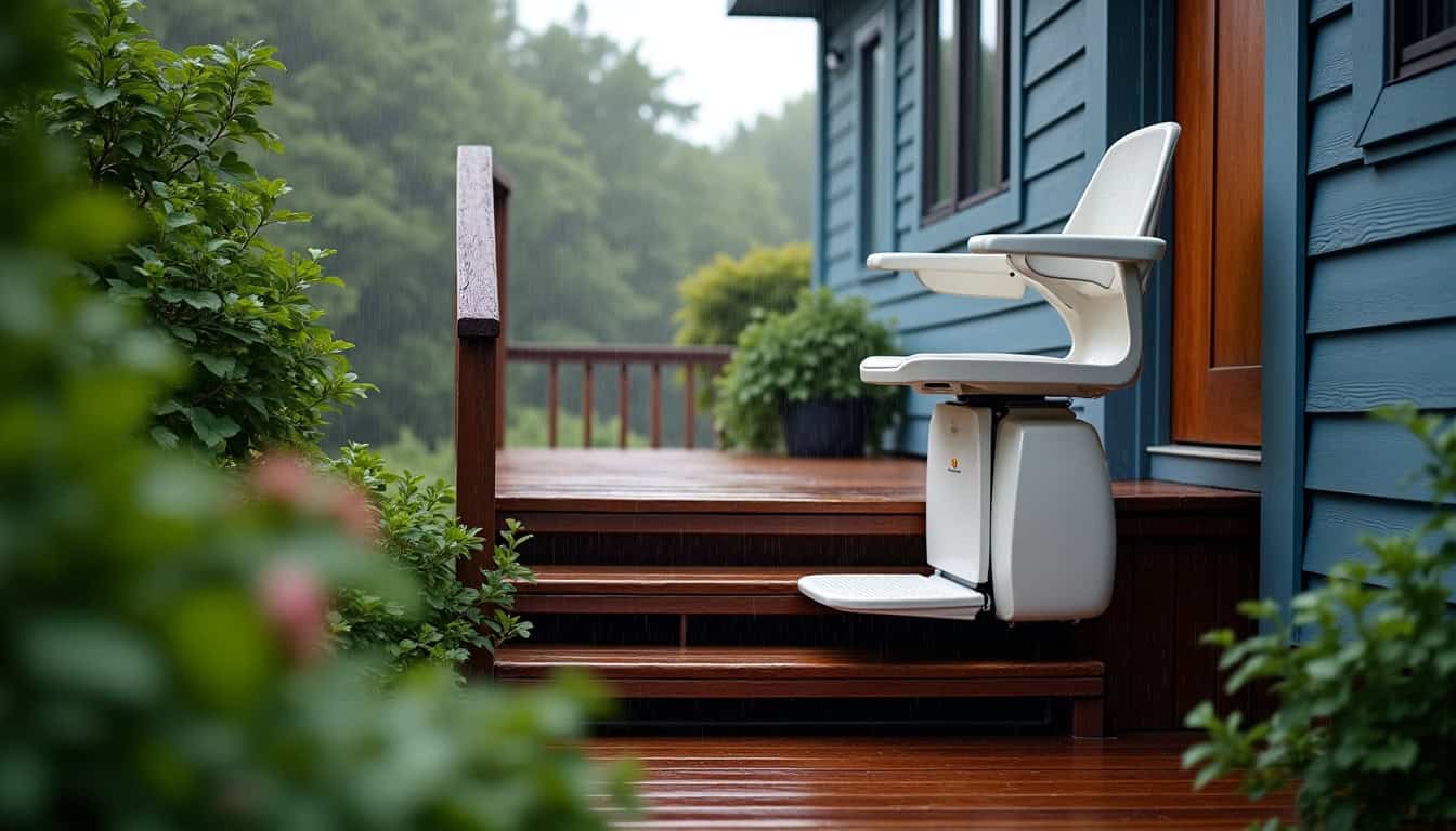 Monte-escalier extérieur installé devant une maison à Luray, fonctionnant par temps de pluie
