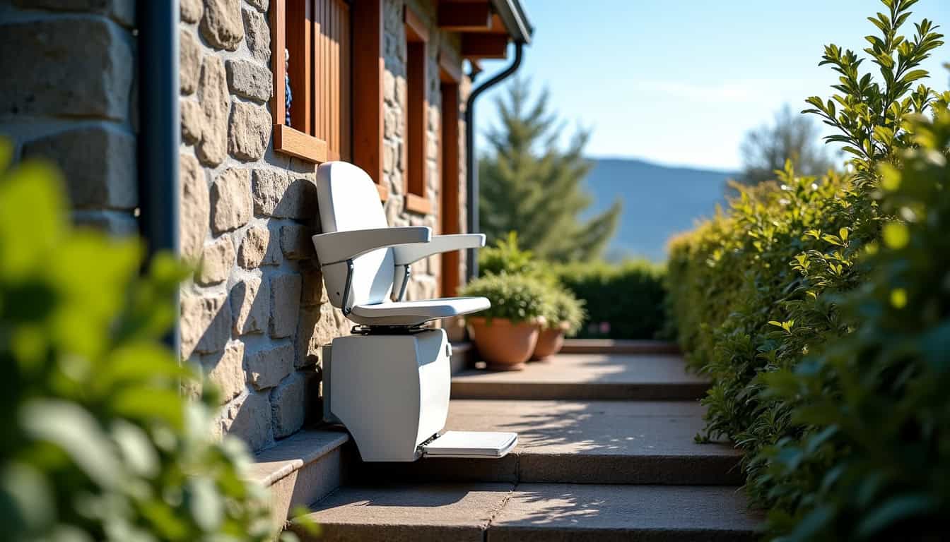 Monte-escalier extérieur installé devant une maison à Pont-du-Château, résistant aux intempéries