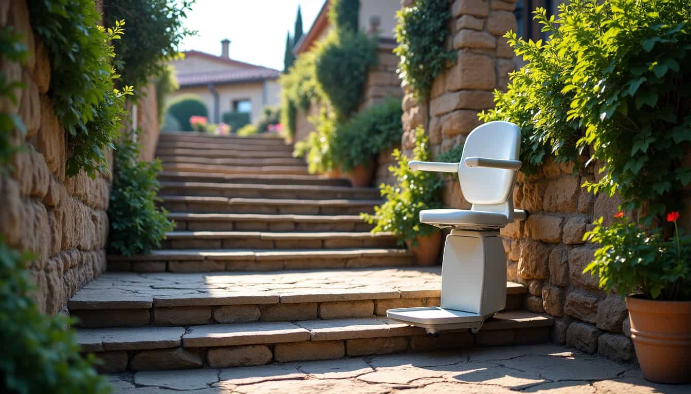 Monte-escalier extérieur installé sur un escalier en pierre à Salles-la-Source