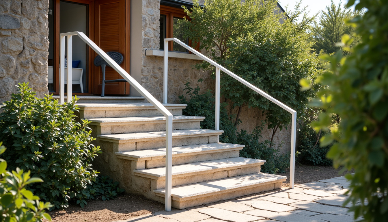 Monte-escalier extérieur installé sur un escalier en pierre menant à une véranda à La Guierche, avec rail blanc et siège léger, entouré de plantes et de boiseries traditionnelles