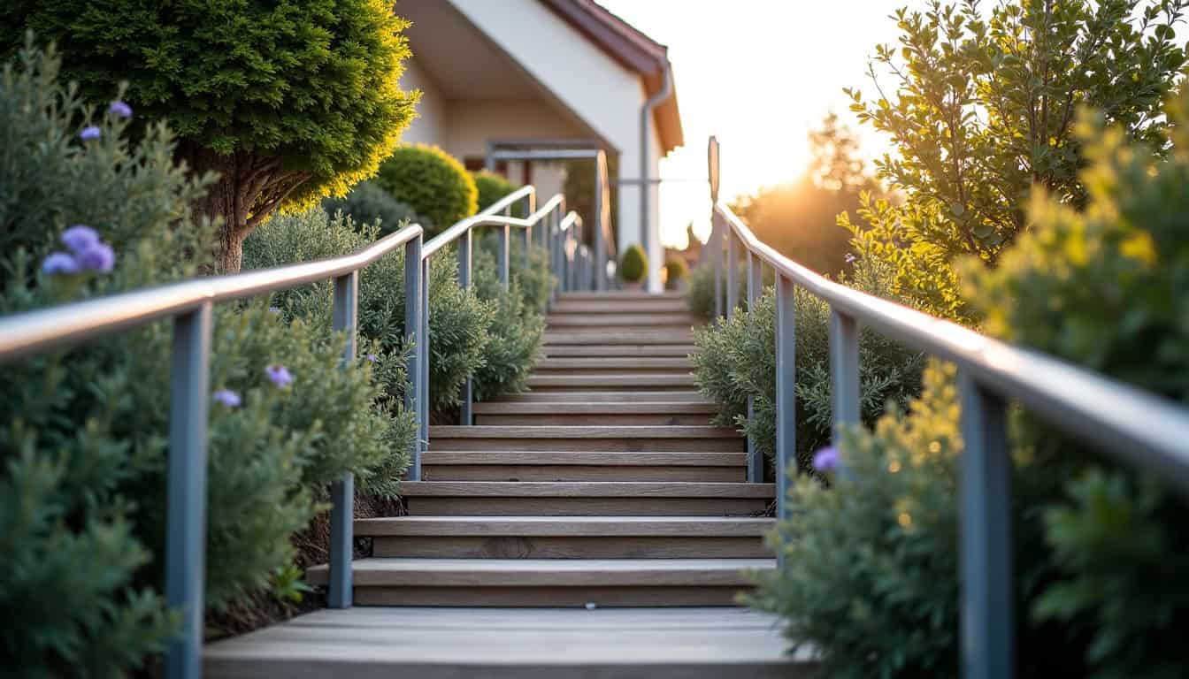 Monte-escalier extérieur installé sur un perron à Baix, fonctionnant par temps pluvieux