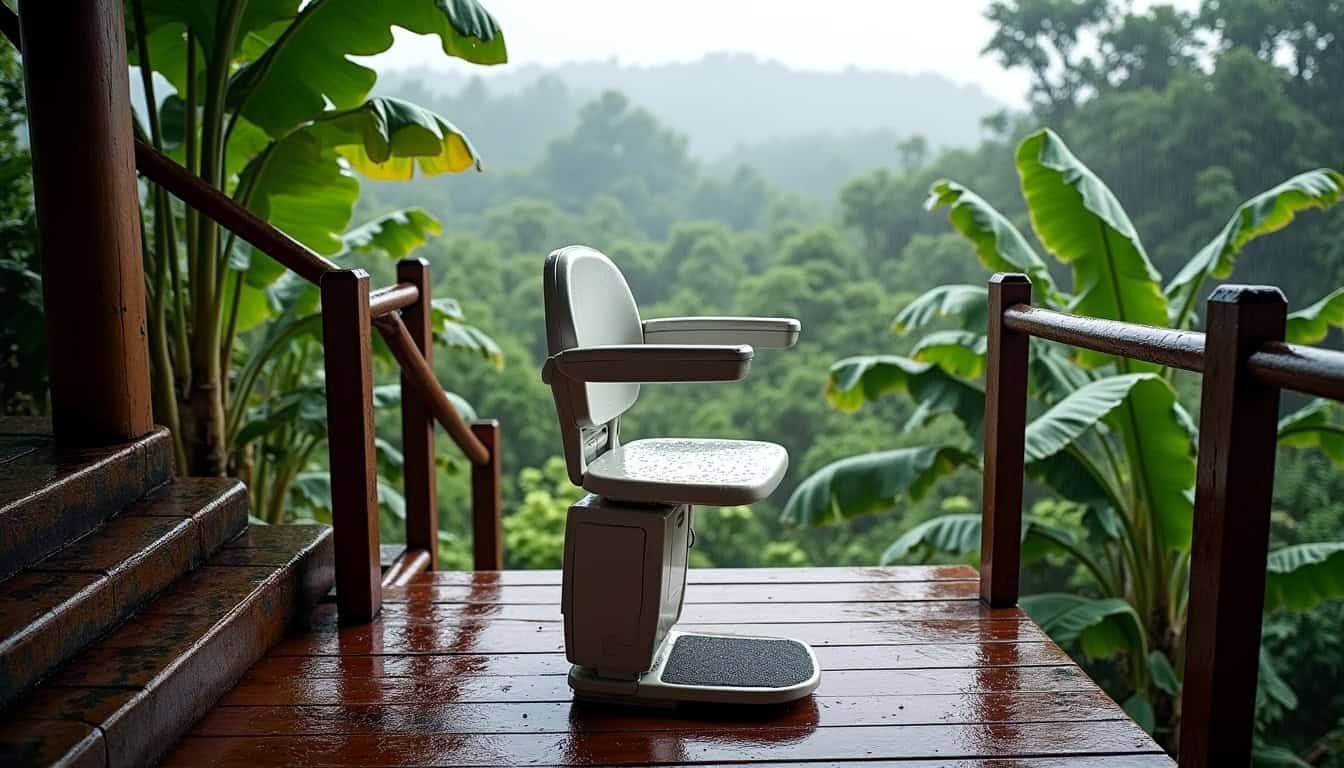 Monte-escalier extérieur installé sur une terrasse à Saint-Leu, conçu pour résister aux intempéries tropicales