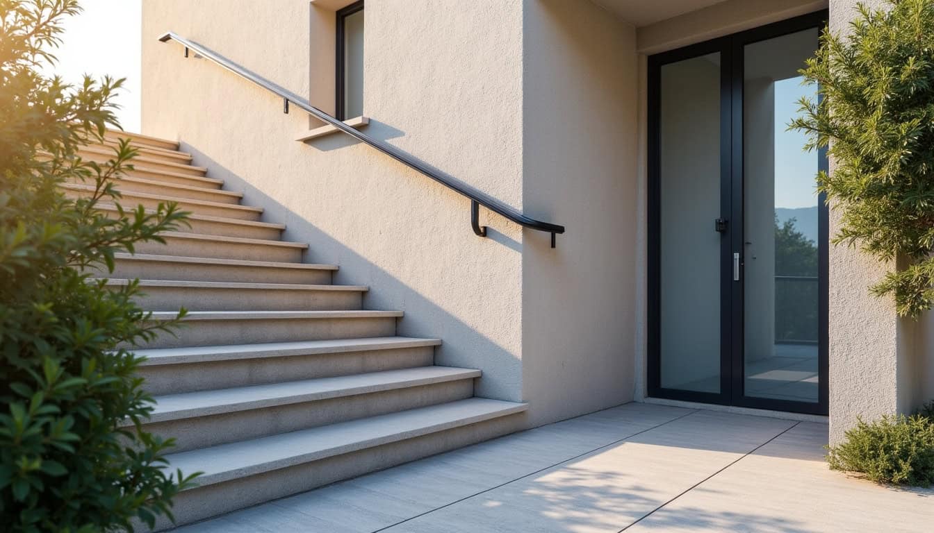 Monte-escalier extérieur OTOLIFT TWO installé sur un escalier en pierre courbe à Saint-Cyr-sur-Mer, avec rail intégré au plus près du mur et siège en aluminium gris foncé