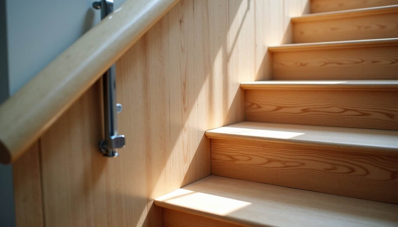 Monte-escalier intégré dans un escalier en bois d’une maison à Aubry-du-Hainaut