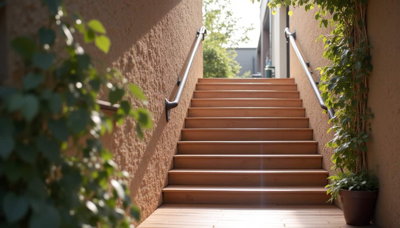 Monte-escalier tournant en acier brossé installé dans un escalier en bois massif d
