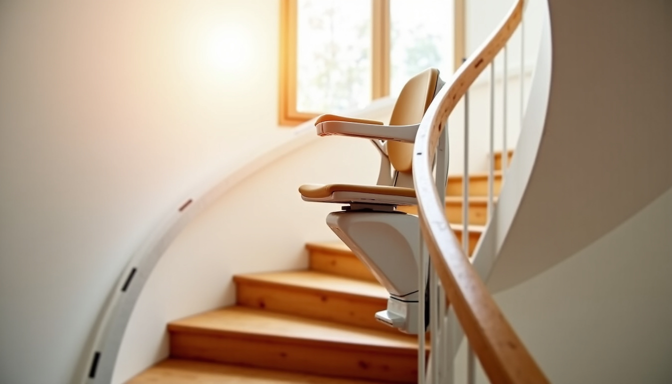 Monte-escalier tournant en fonctionnement dans une maison à Castelsarrasin