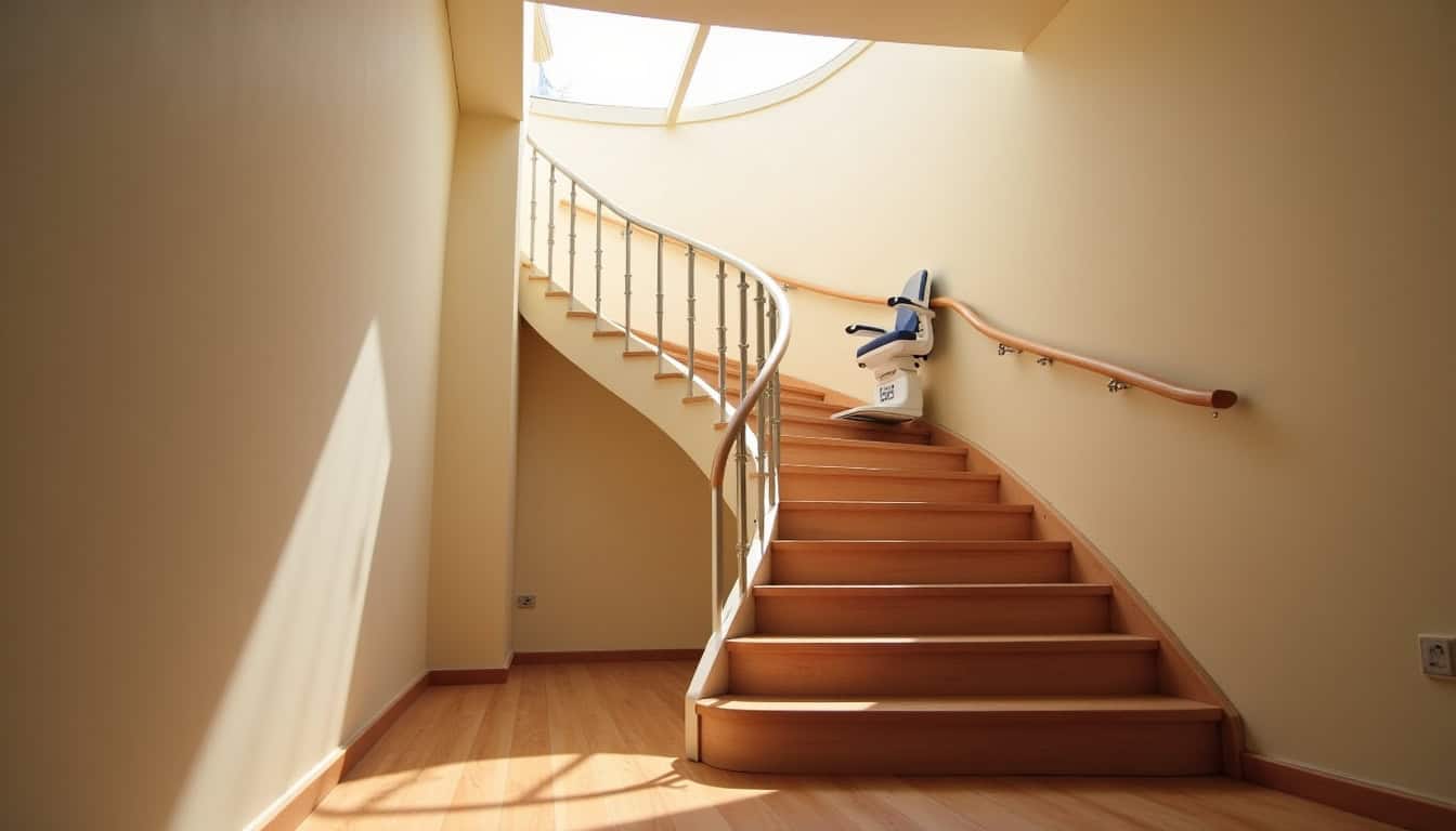 Monte-escalier tournant installé dans un escalier en colimaçon à Charly-sur-Marne