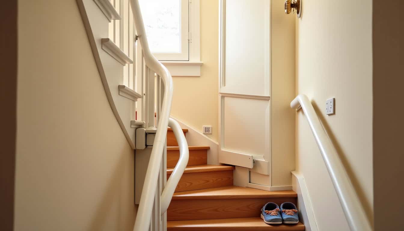 Monte-escalier tournant installé dans une habitation à Pluneret, adapté à un escalier avec virage