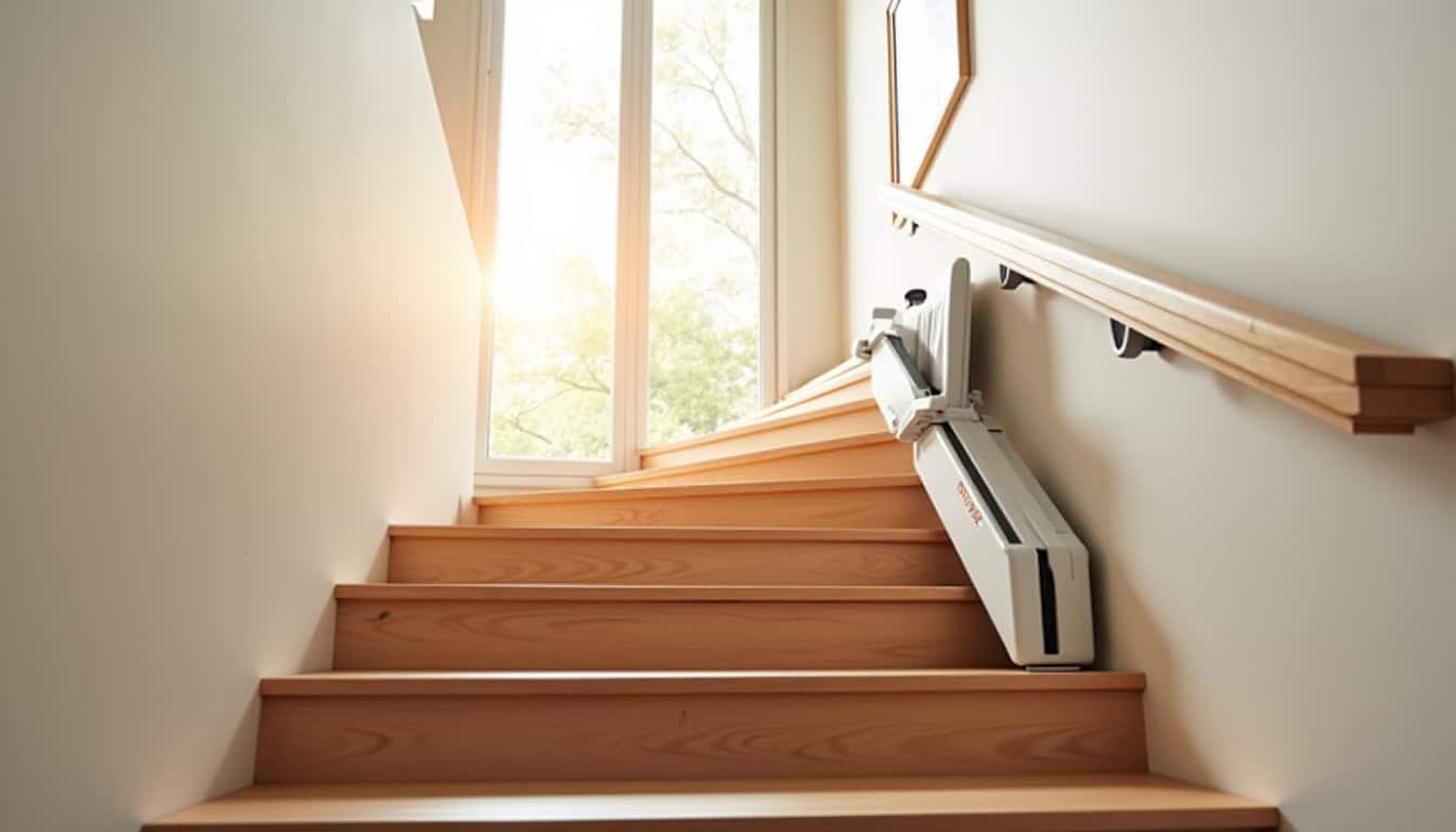 Monte-escalier tournant installé dans une maison à Pont-du-Château, adapté à un escalier avec virage