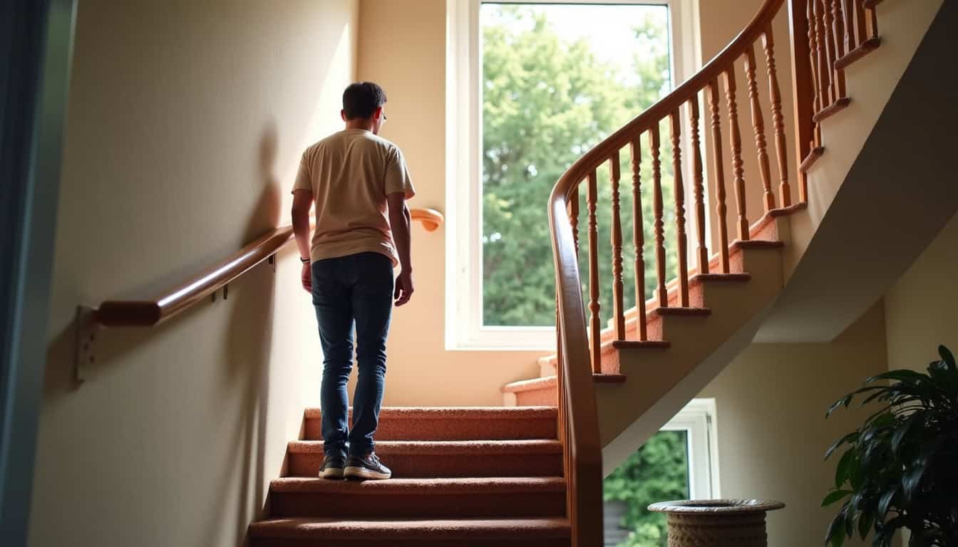 Monte-escalier tournant installé dans une maison à Trégunc, vu depuis l