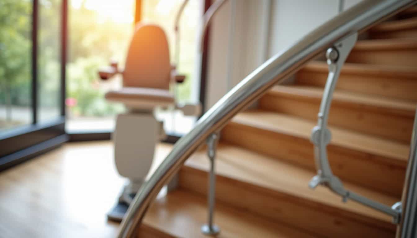 Monte-escalier tournant installé dans une maison à Vézelois, vue détaillée de la rampe et du siège pivotant