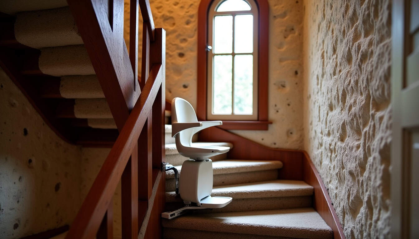 Monte-escalier tournant installé dans une maison ancienne à Luray, adapté à un escalier étroit avec virage