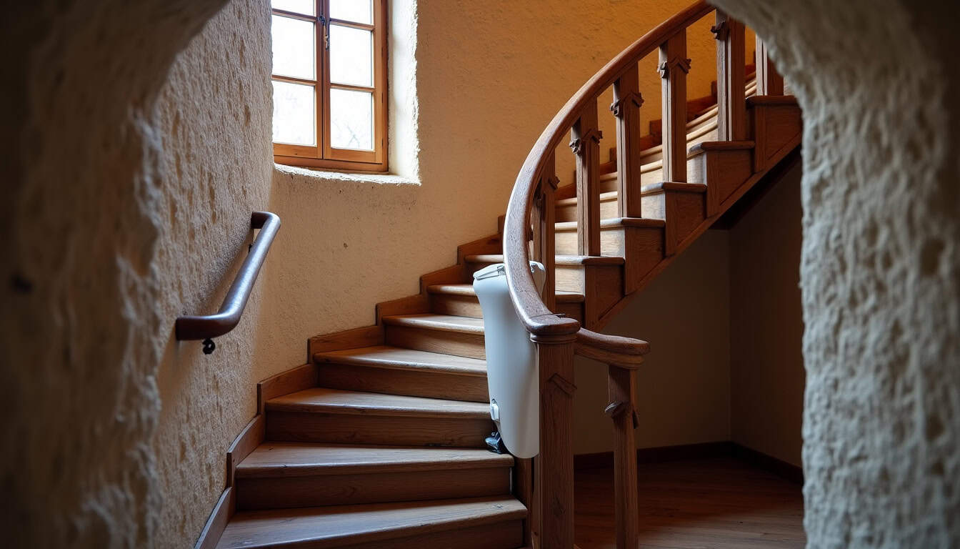 Monte-escalier tournant installé dans une maison ancienne à Saint-Christoly-de-Blaye