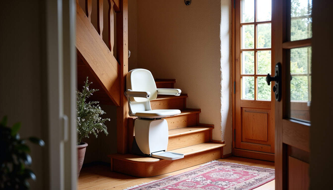 Monte-escalier tournant installé dans une maison ancienne de Guillestre, intégré harmonieusement au décor
