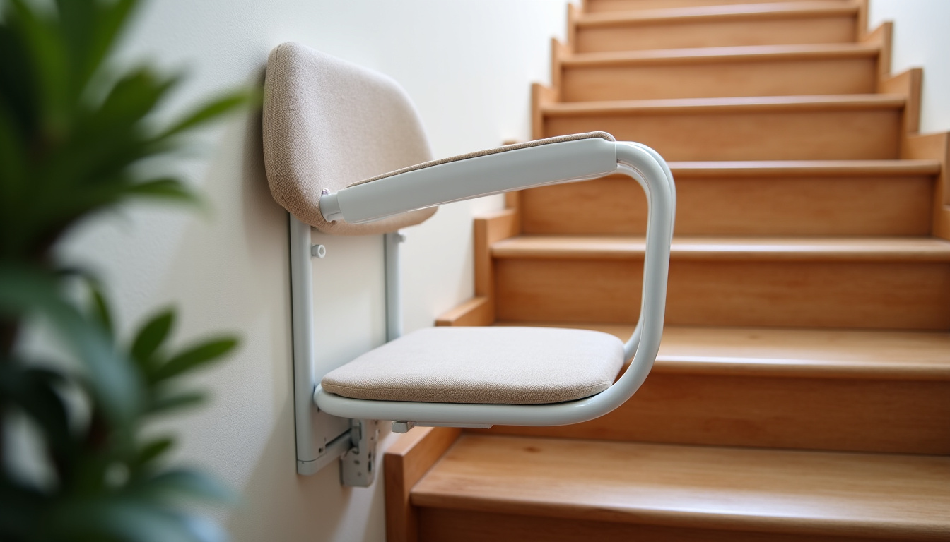 Monte-escalier tournant installé sur un escalier ancien avec virage à La Guierche, intégré discrètement dans un escalier en chêne, couleur claire du rail et siège en tissu beige