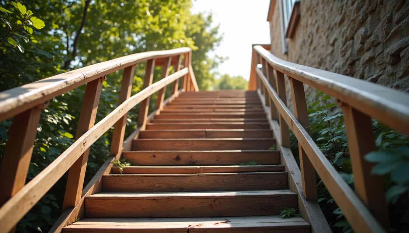 Monte-escalier tournant installé sur un escalier en bois avec un rail courbe et un siège ergonomique