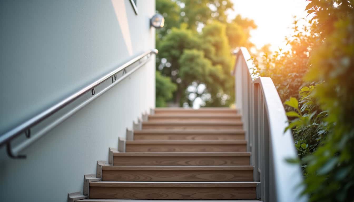Monte-escalier tournant installé sur un escalier en colimaçon avec rail en aluminium anodisé et siège ergonomique dans une maison de Sundhouse