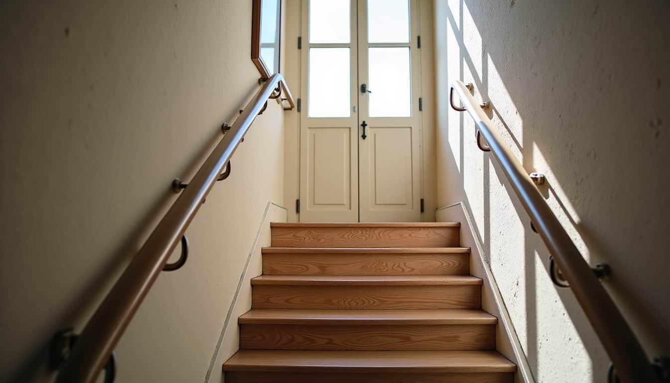Monte-escalier tournant installé sur un escalier en colimaçon dans une maison ancienne de Givet, avec rail en aluminium et siège à commande tactile