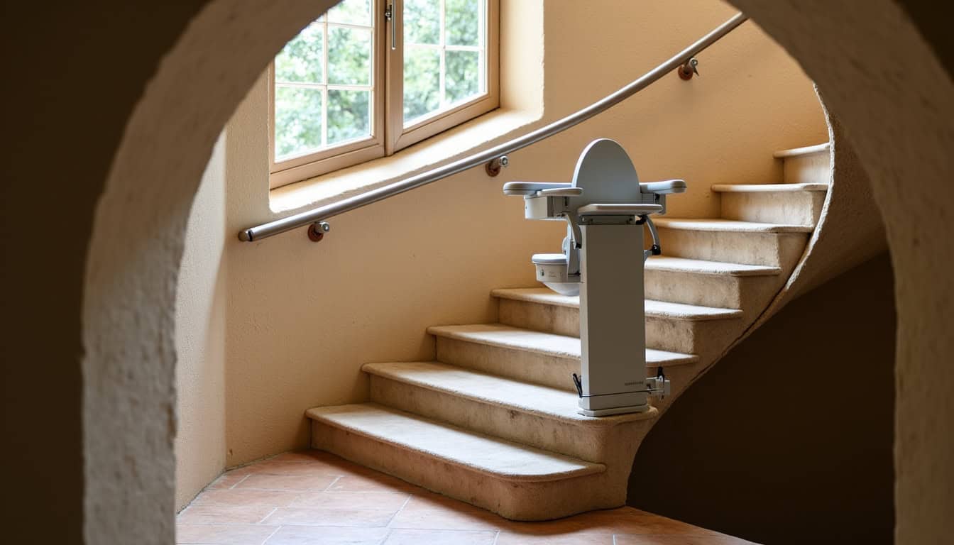 Monte-escalier tournant sur mesure installé dans un escalier en pierre typique du Périgord