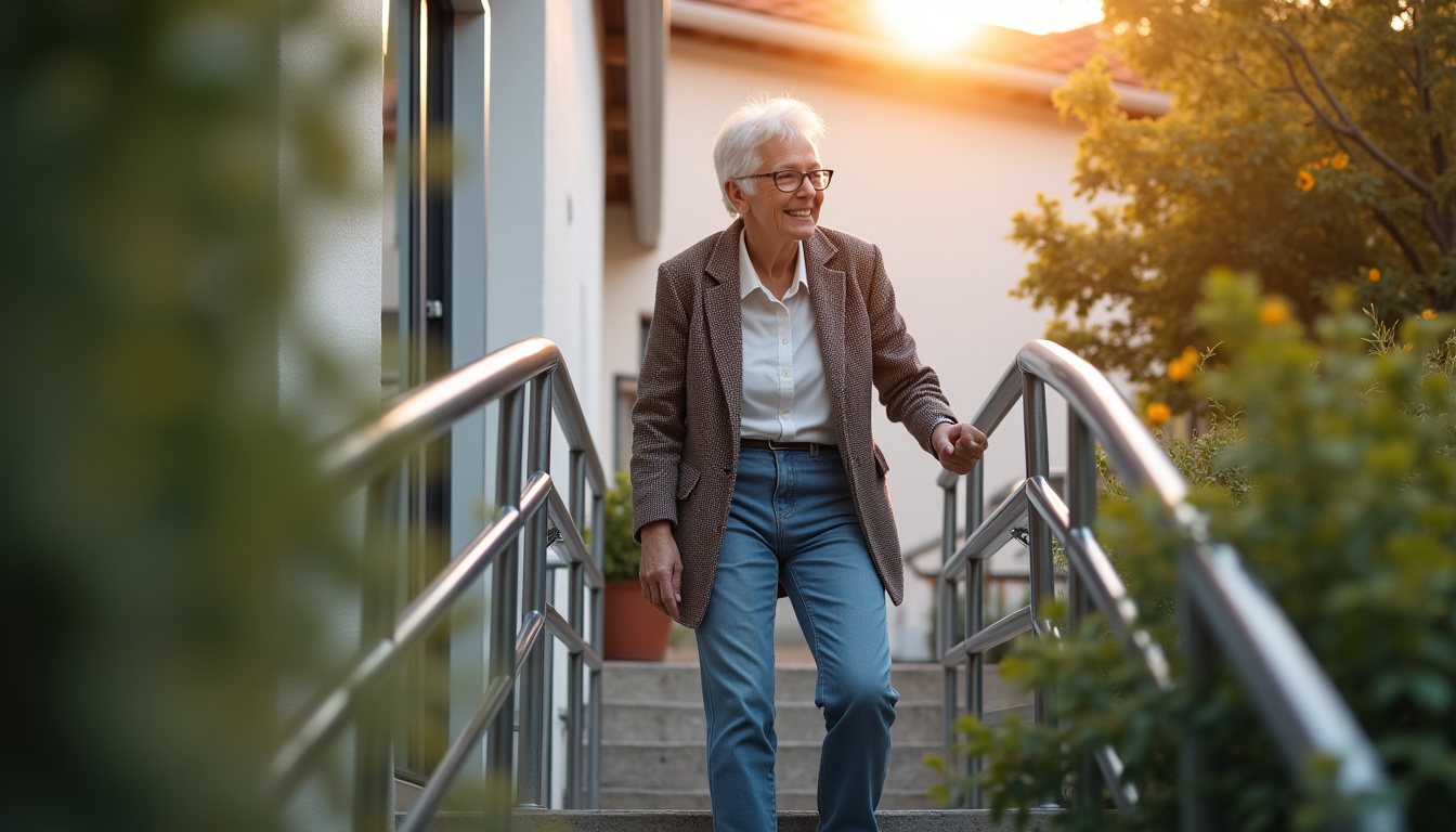 Personne âgée utilisant son monte-escalier à Sendets avec un sourire, en sécurité et à l’aise