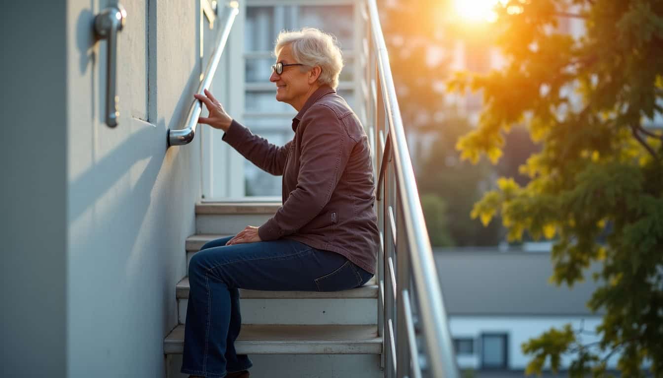 Personne âgée utilisant un monte-escalier à Grandris, avec siège pivotant et ceinture de sécurité attachée