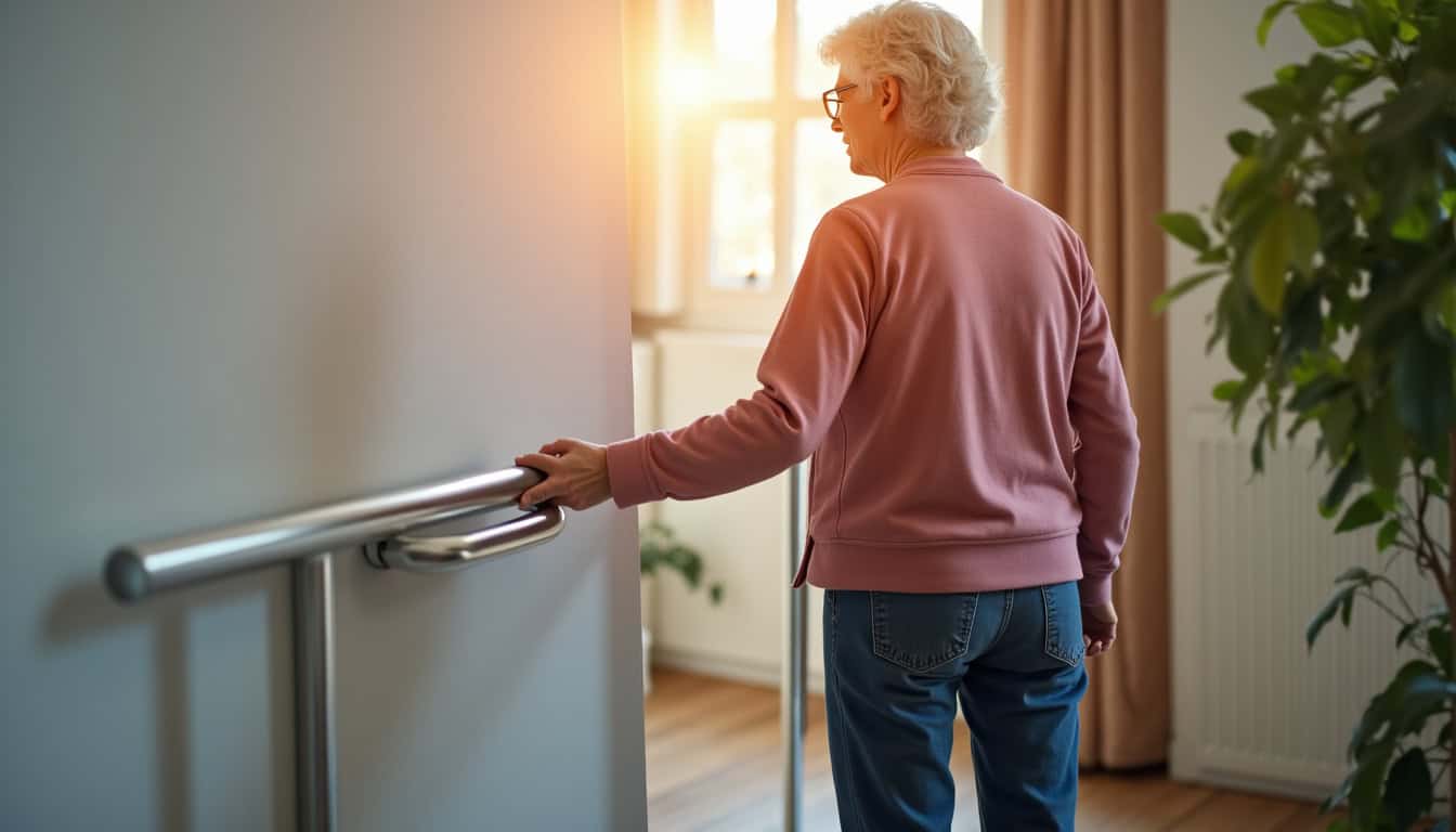 Personne âgée utilisant un monte-escalier dans sa maison, montrant le confort et la sécurité du dispositif