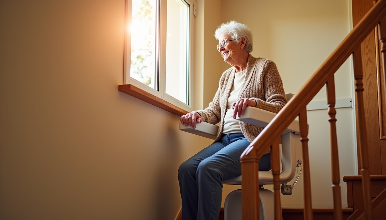 Personne âgée utilisant un monte-escalier dans une maison à Saint-Nicolas-de-la-Taille