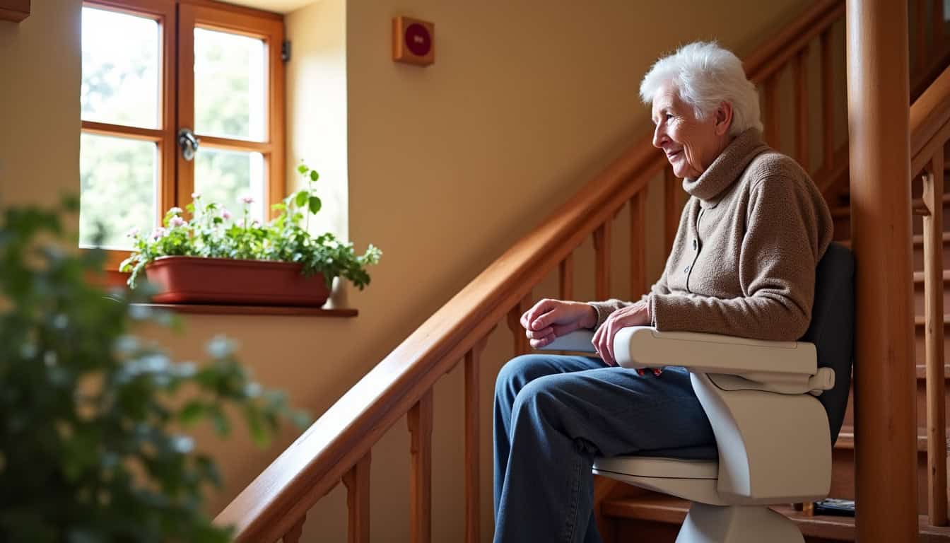 Personne âgée utilisant un monte-escalier dans une maison alsacienne, illustrant le confort et la sécurité au quotidien