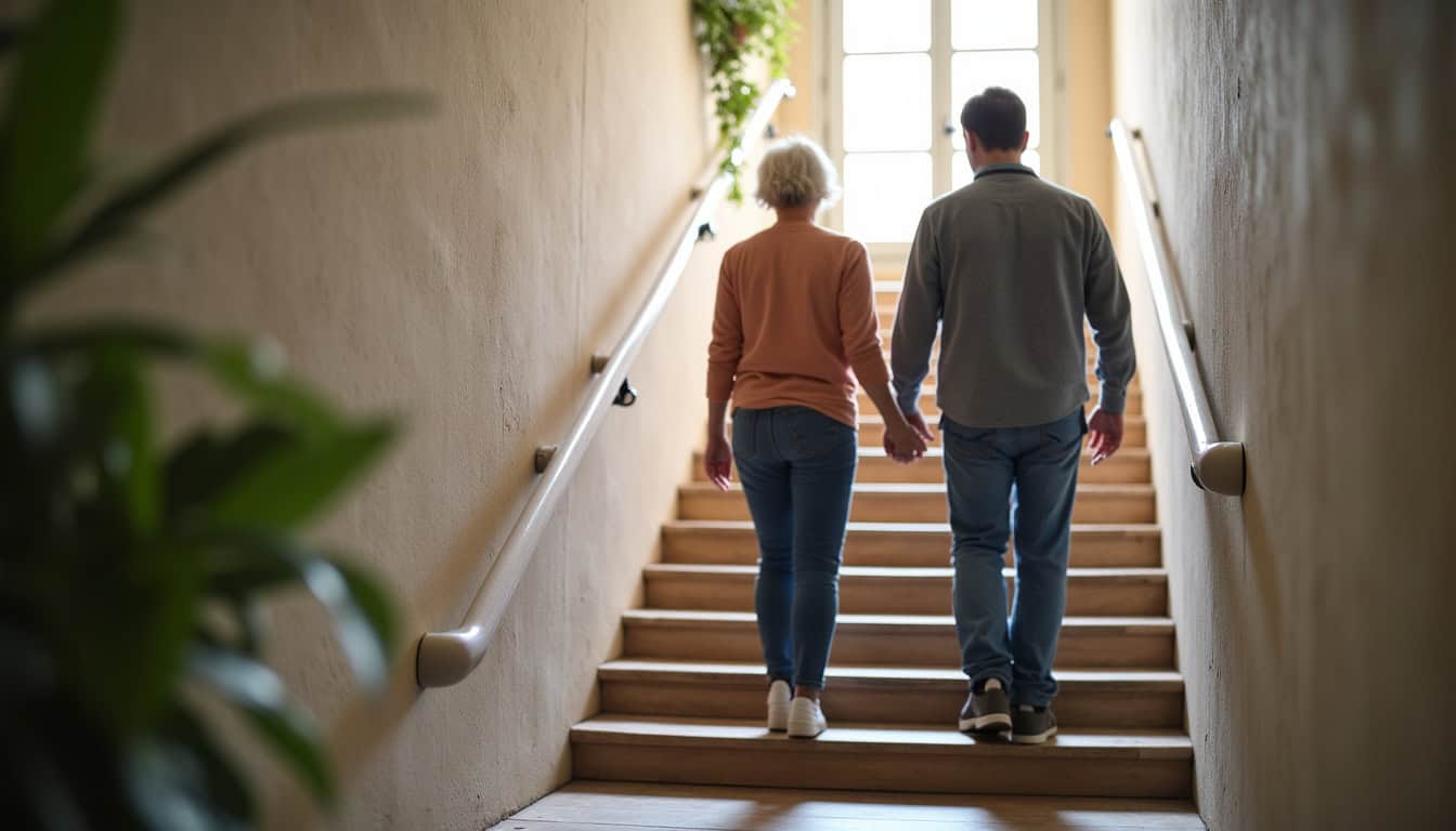 Personne âgée utilisant un monte-escalier dans une maison de Briollay