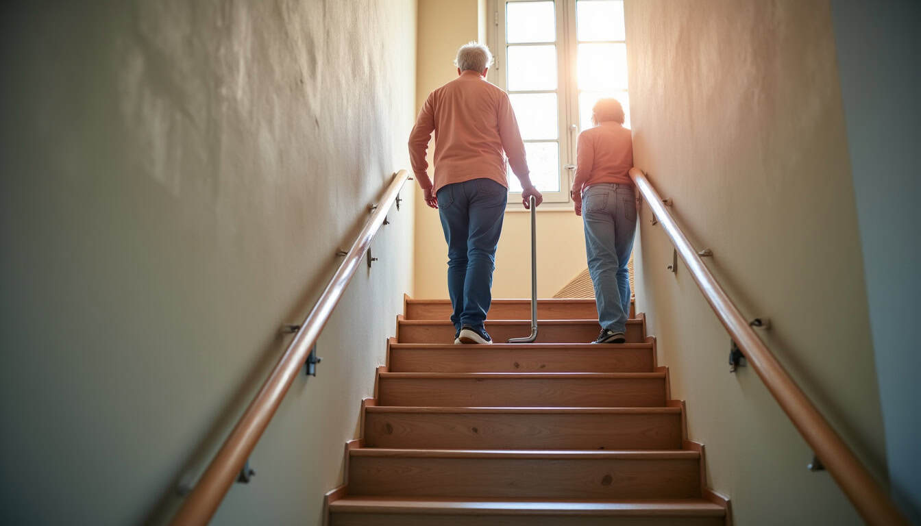 Personne âgée utilisant un monte-escalier dans une maison de Terres-de-Haute-Charente