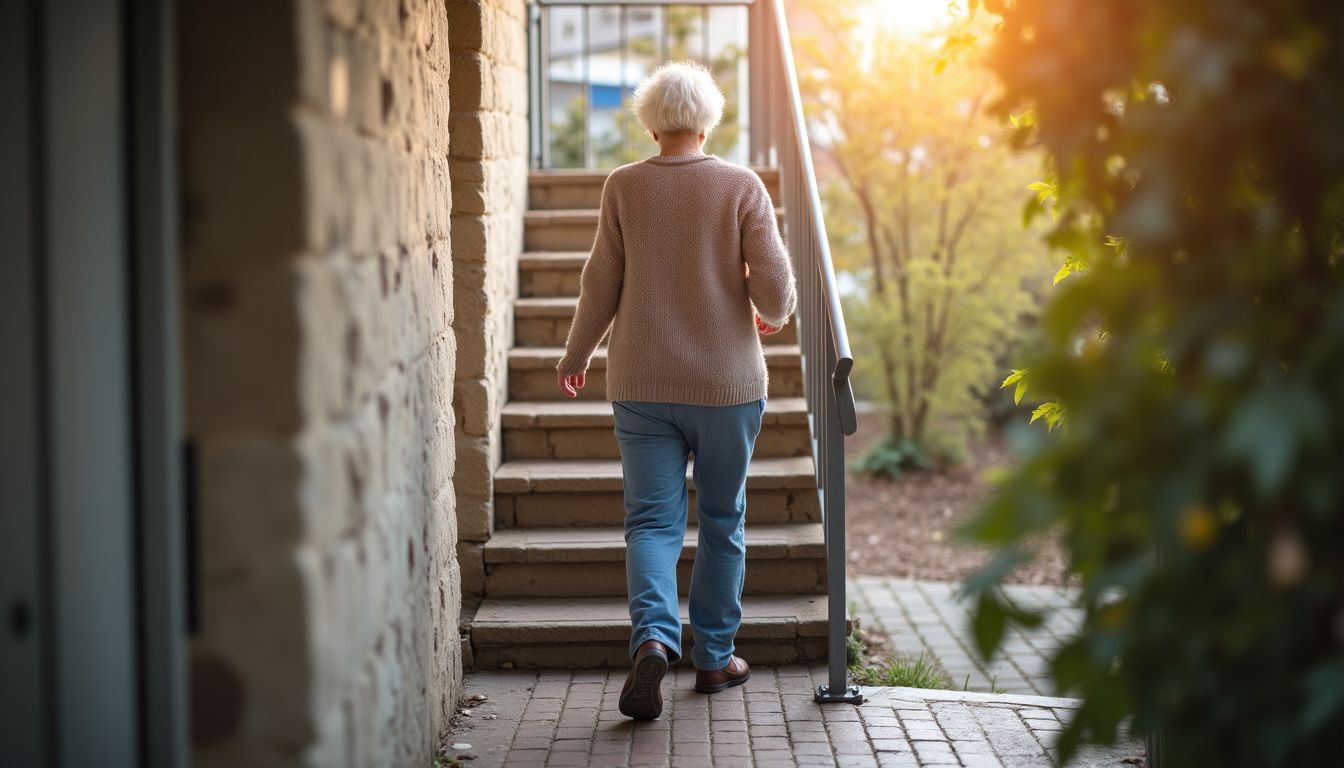 Personne âgée utilisant un monte-escalier installé dans une maison ancienne à Sauzon