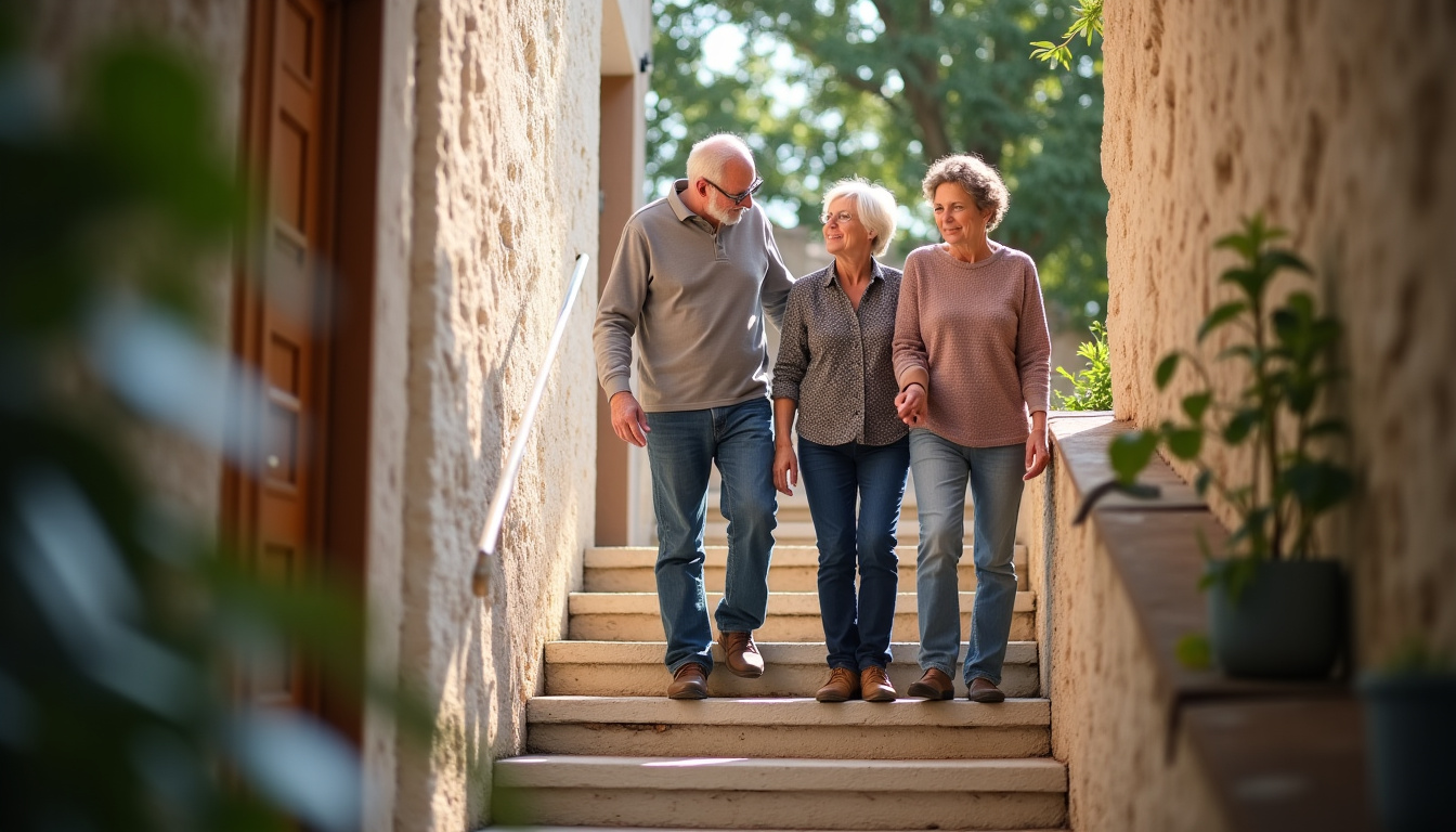 Personne âgée utilisant un monte-escalier tournant dans une maison en pierre à Saint-Julien-Mont-Denis, entourée de sa famille