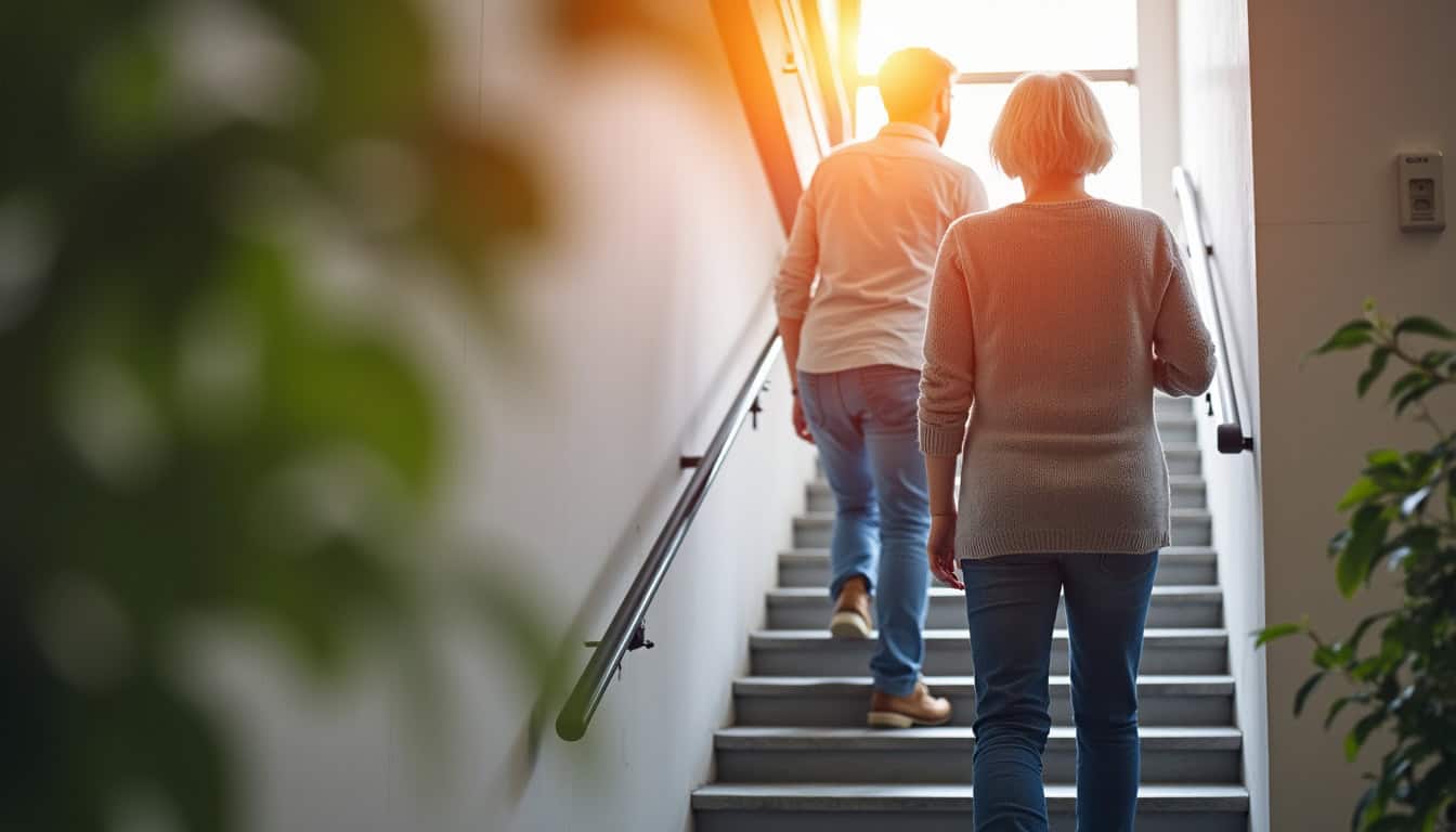 Personne âgée utilisant un monte-escalier tournant en toute sécurité dans sa maison à Tournes